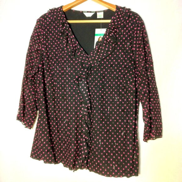 Laura Ashley Tops - Laura Ashley Trip Ready Shirt Plus Size 1X Black Lace Pink Polka Dot Stretch New